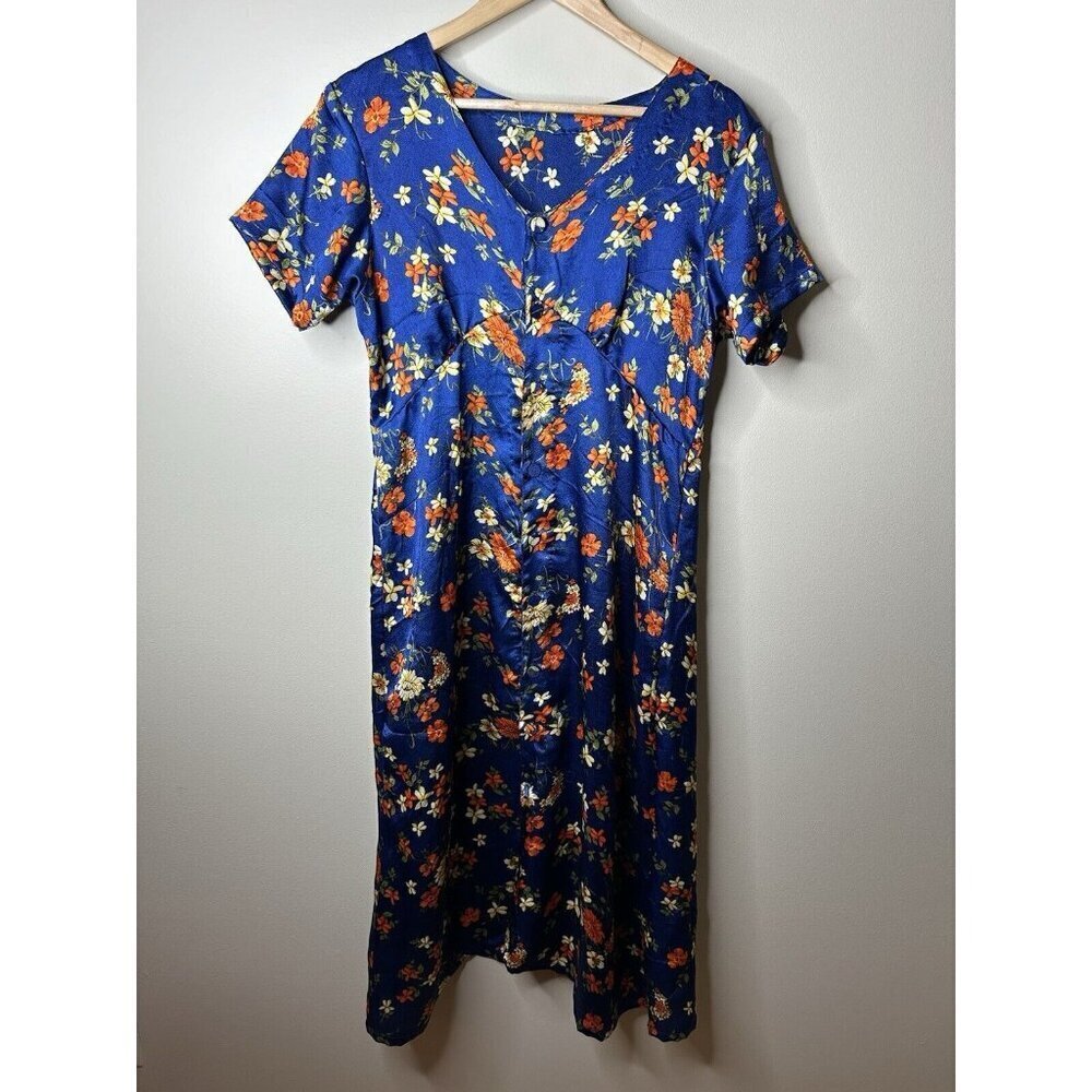 Handmade Satin Dress L Blue Floral Print Button Front Empire Tie Waist Japanese